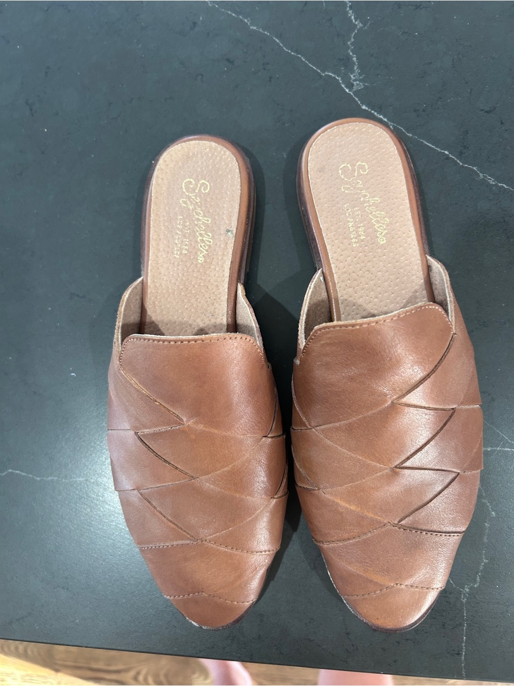Seychelles Cognac Brown Leather Woven Slip-On Mules